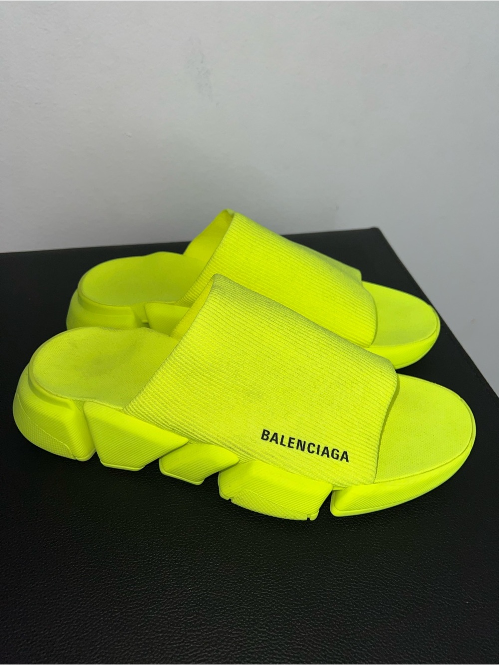Balenciaga Men’s Neon Lime Slide Sandals